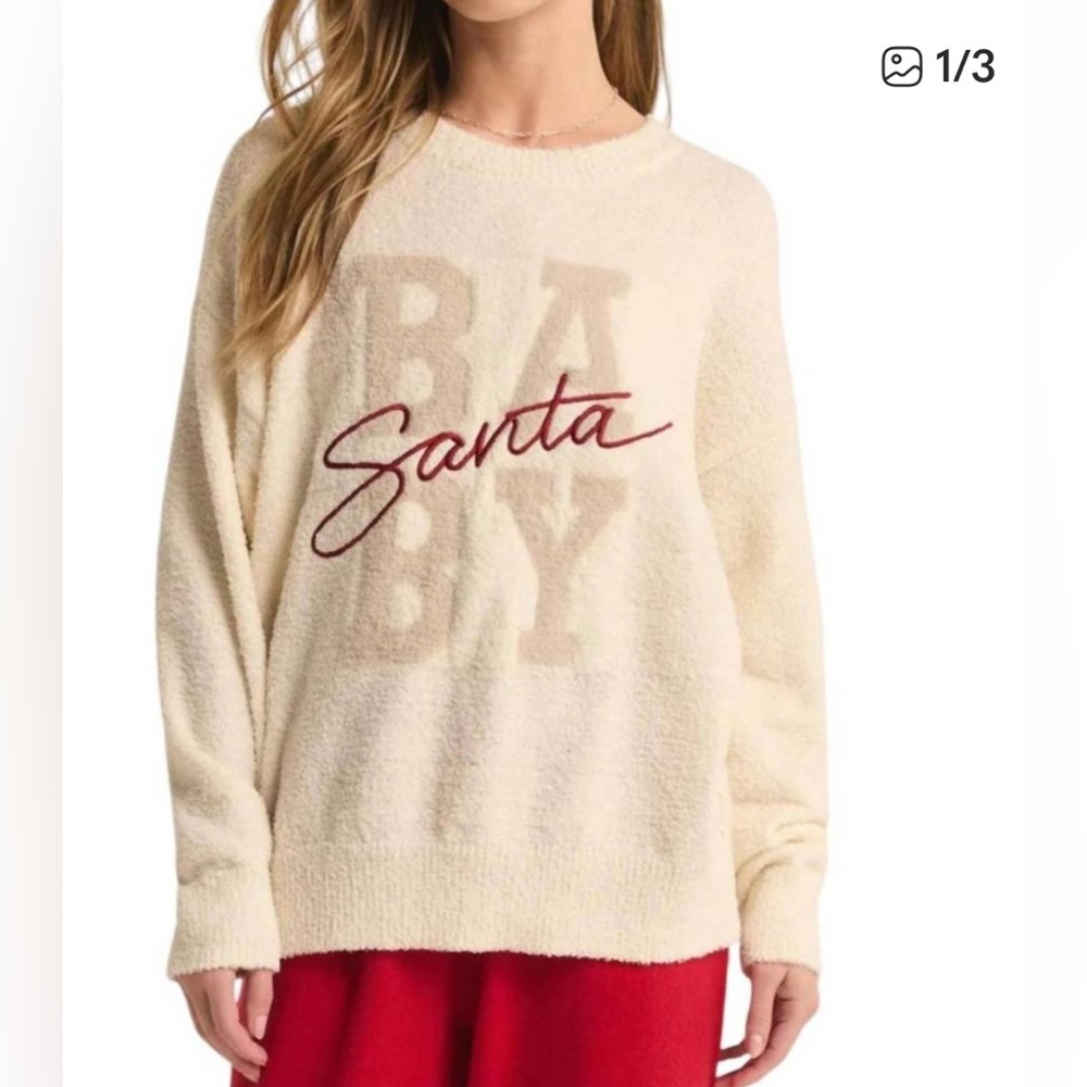 Z Supply Cream Sweater with Red Script Santa Baby